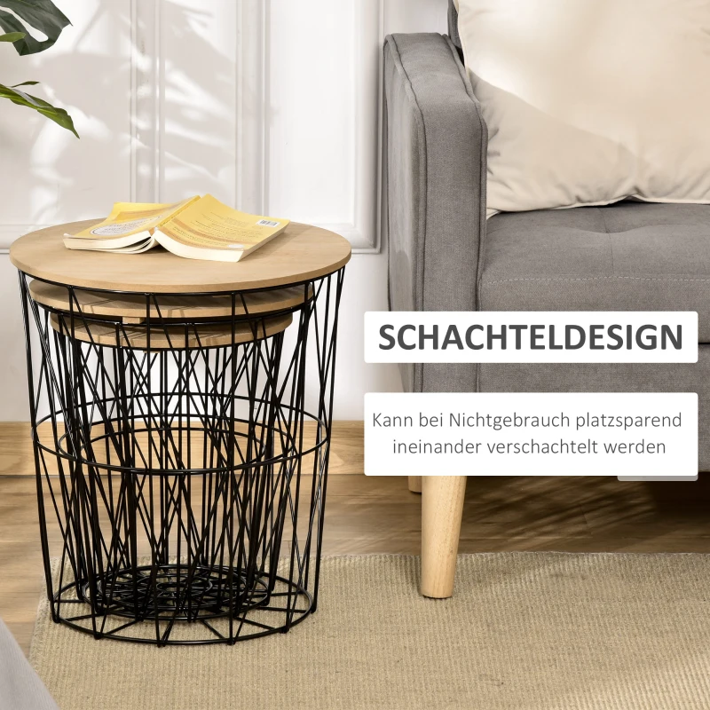 HOMCOM Couchtisch Beistelltisch 3-teilig Nachttisch Korbtisch mit abnehmbaren Deckel mit durchbrochenes modernes Design Satztisch Wohnzimmer Schlafzimmer Metall MDF Naturholz+Schwarz  Ø42 x 45H cm