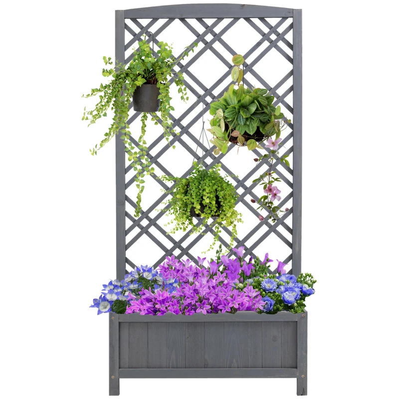 Outsunny  Hochbeet Blumenständer Garten Pflanzkasten mit Rankgitter Holz Rankkasten Grau 60 x 30 x 122,5 cm