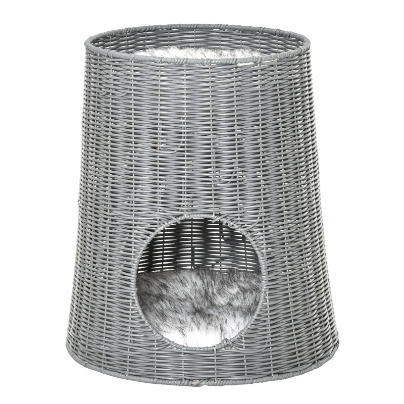 PawHut Katzenhöhle aus Rattan Katzenhaus Katzenbett Katzenkorb mit 2 Kissen Weidenkorb mit Liegedach zweistöckig geschlossenes Design handgewebt PE-Rattan Baumwolle Grau 45 x 45 x 50 cm