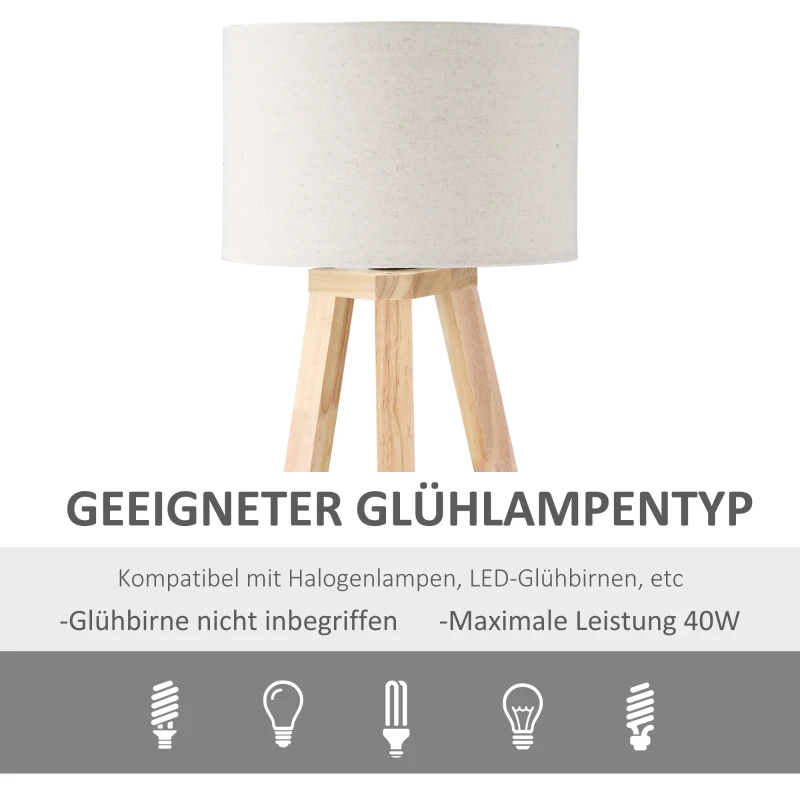 HOMCOM Tischlampe aus Holz Nachttischlampe 58 cm Tischleuchte E27-Fassung 40 W Leinen-Schirme Holzfuß Creme+Natur