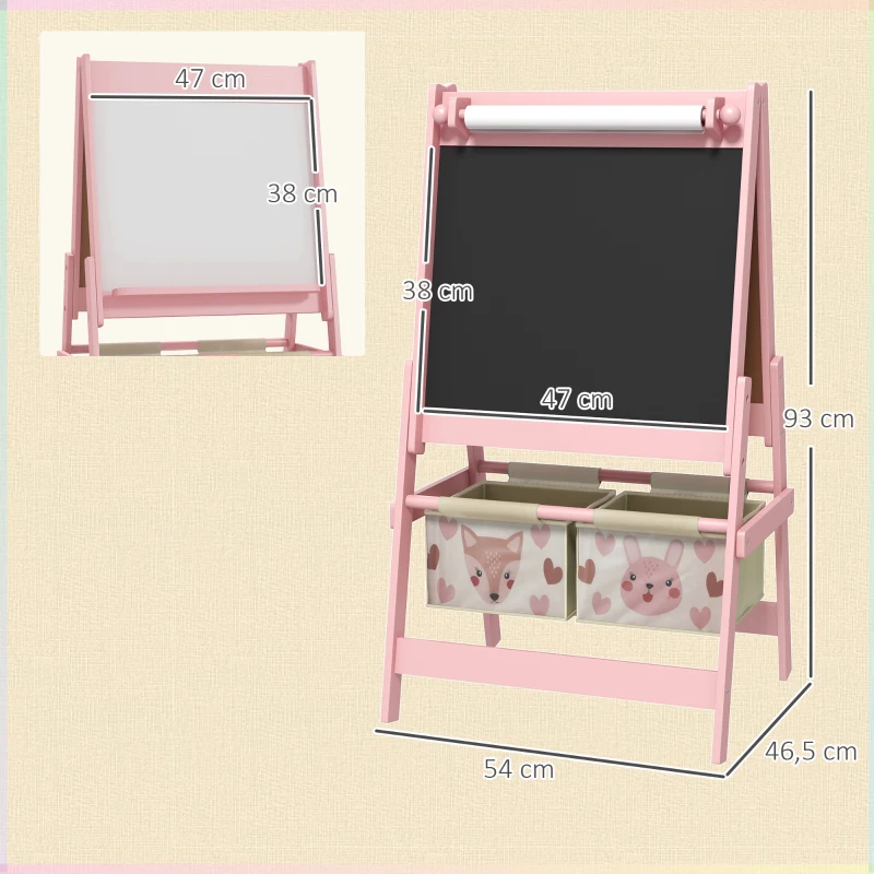 AIYAPLAY 3-in-1 Kinderstaffelei met Papierrol, Krijtbord, Whiteboard, Opbergmanden, 54 x 46,5 x 93 cm, Roze(m-3)