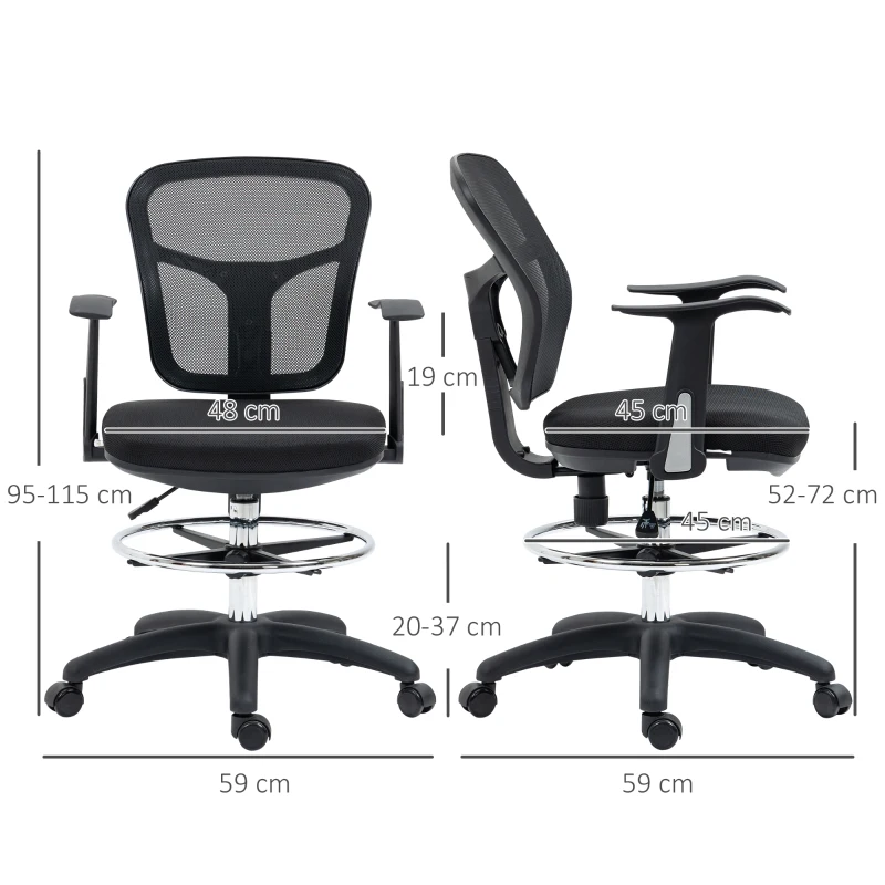 Vinsetto Bureaustoel voor tekenen, computeren en werken, inclusief voetensteun, verstelbaar in hoogte, afmetingen 59 x 59 x 115 cm, zwart(m-3)