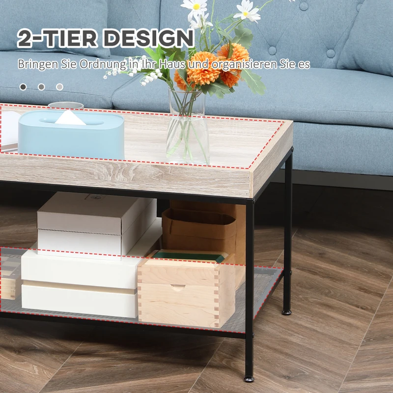 HOMCOM Couchtisch, Beistelltisch, mit Gitterablage, erhöhter Tischrand, Stahlrahmen, Holzplatte, 100 x 50 x 46,5cm