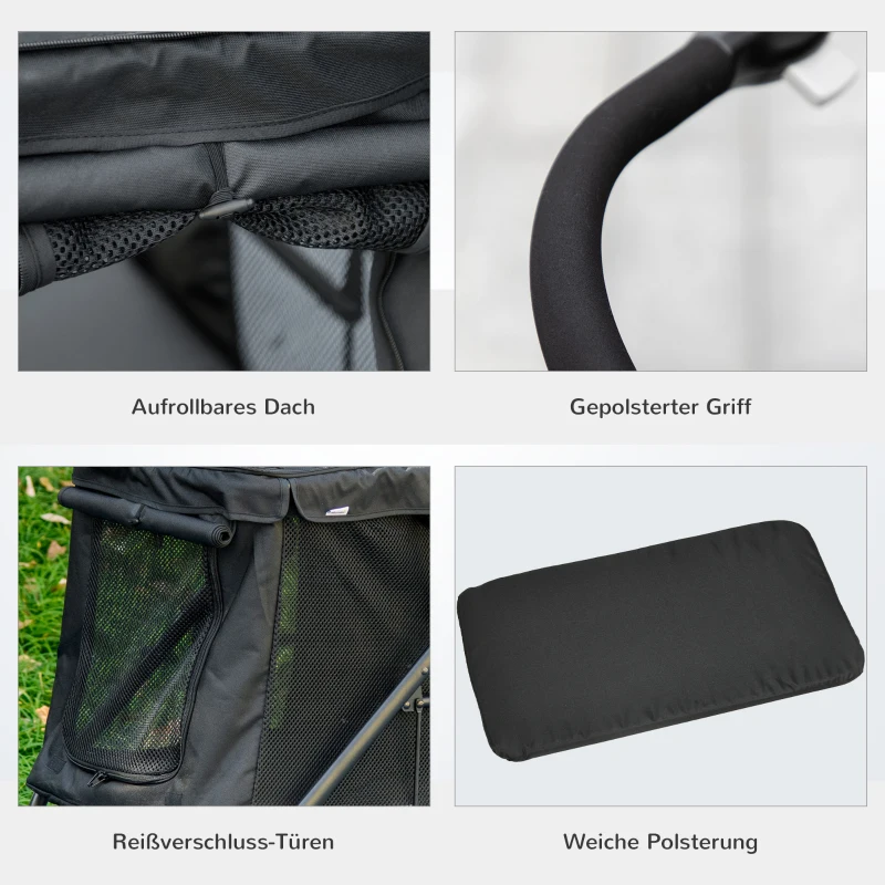 PawHut Hondenbuggy met Kussen, 3 Zijvakken, Opvouwbaar, Hondenkar, 102 cm x 62 cm x 105 cm, Zwart(m-8)