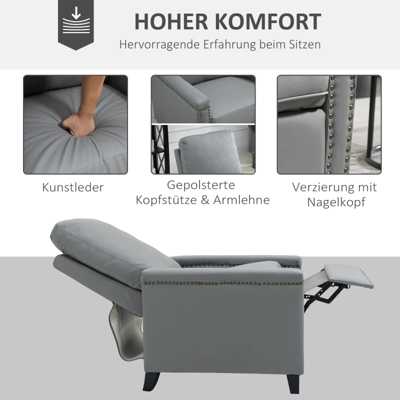 HOMCOM Relaxsessel Liegesessel TV Sessel  Einzelsofa 140° neigbar Fernsehsessel Kunstleder Metall Grau 70,5 x 86 x 99 cm