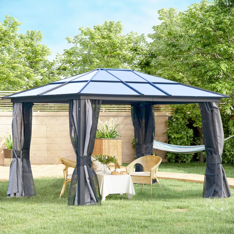 Outsunny Pavillon mit Polycarbonatdach, Vorhänge mit Fliegennetz, Alugestell, Dunkelgrau+Schwarz, 3,6 x 3 x 2,6 m