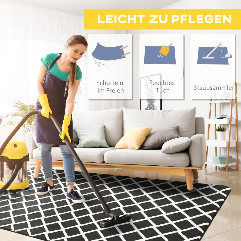 HOMCOM Teppich mit Rautenmuster, Vliesunterlage, 230 cm x 160 cm x 0,7 -0,8 cm, Schwarz + Weiß