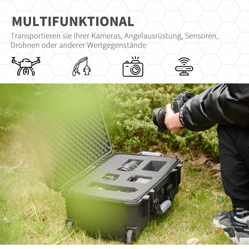 Outsunny Wertsachenkoffer mit Rollen und 2 Griffen, wasserdicht, mit Luftventil, 56 cm x 42 cm x 21 cm, Schwarz