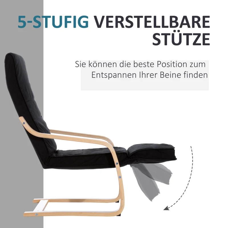 HOMCOM® Relaxsessel Ruhesessel Relaxstuhl Fernsehsessel Sessel modern Balkon verstellbares Fußteil Auflage Holz Schwarz 66,5 x 81 x 100cm