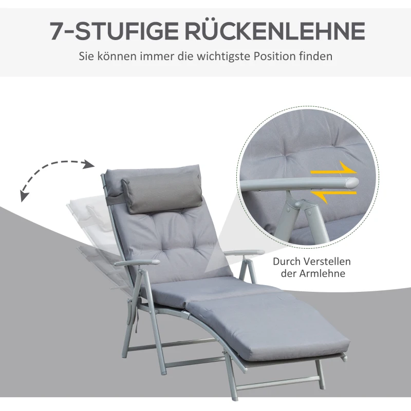Outsunny Sonnenliege klappbar Strandliege mit Kopfkissen Sitzkissen Liegestuhl mit 7-Fach verstellbare Rückenlehne Gartenliege Relaxliege bis 165 kg belastbar, für Garten Urlaub Outdoor, Grau