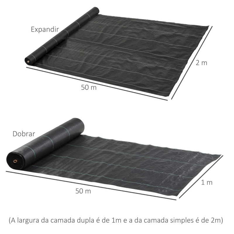 Outsunny Rolo de Malha Anti-Ervas 2x50 m Malha Geotêxtil 130 g/m² para Controlo de Ervas Daninhas de Jardim Malha Anti-Ervas Preta