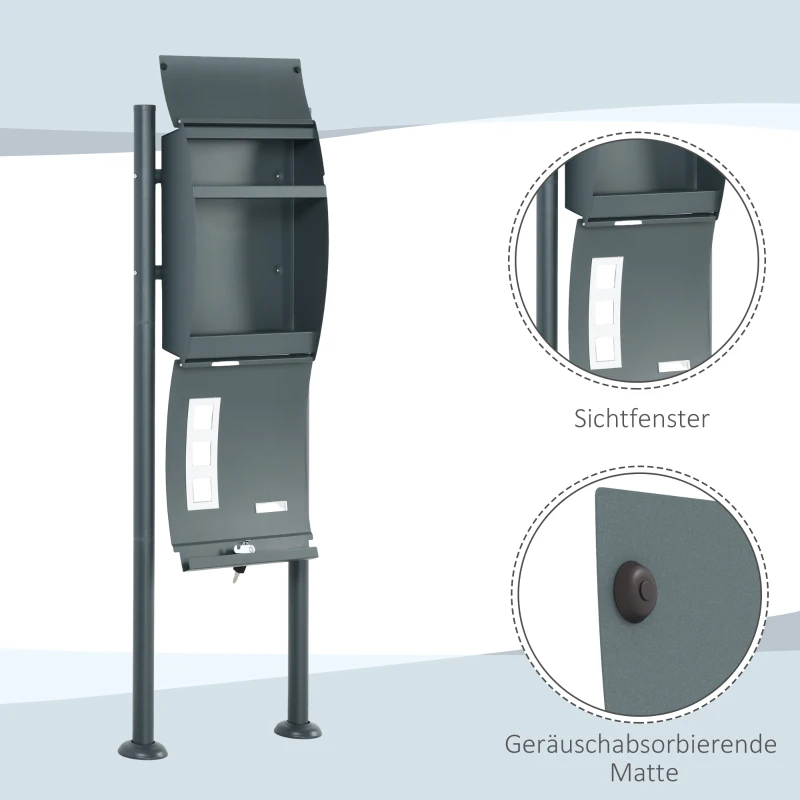 HOMCOM Skrzynka na Listy, Skrzynka na Listy, Zamek, Stojak na Listy, 2 Klucze, Stal, 44 cm x 15 cm x 114 cm, Szary