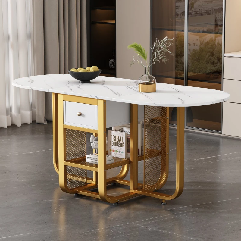 Mesa de Comedor Extensible y Plegable con Cajones y Espacio de Almacenamiento Blanco y Dorado