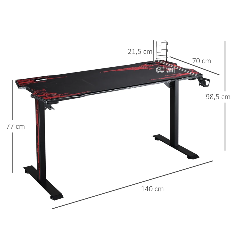 HOMCOM Gaming-tafel PC-tafel bureau met koptelefoonhaak bekerhouder computertafel metaal MDF zwart + rood 140 x 70 x 77 cm