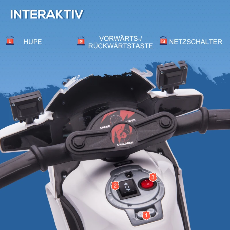 HOMCOM Kinder Polizei Elektromotorrad Polizeimotorrad Elektroauto Kinderwagen für 18 bis 36 Monaten mit 2 Scheinwerfer Polizeilichter Elektroquad Weiß+Schwarz 69 x 39 x 43 cm