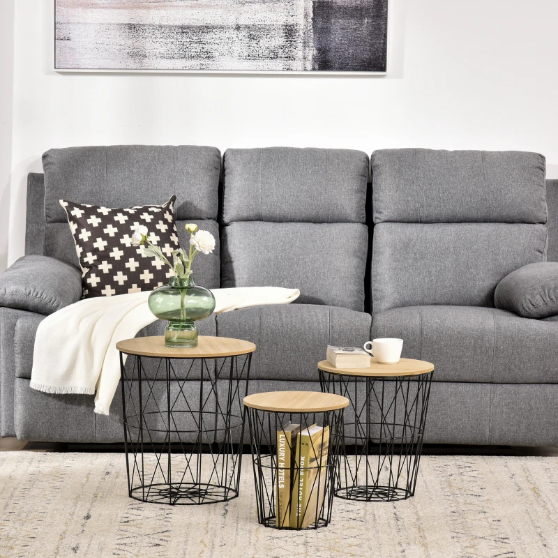 HOMCOM Couchtisch Beistelltisch 3-teilig Nachttisch Korbtisch mit abnehmbaren Deckel mit durchbrochenes modernes Design Satztisch Wohnzimmer Schlafzimmer Metall MDF Naturholz+Schwarz  Ø42 x 45H cm