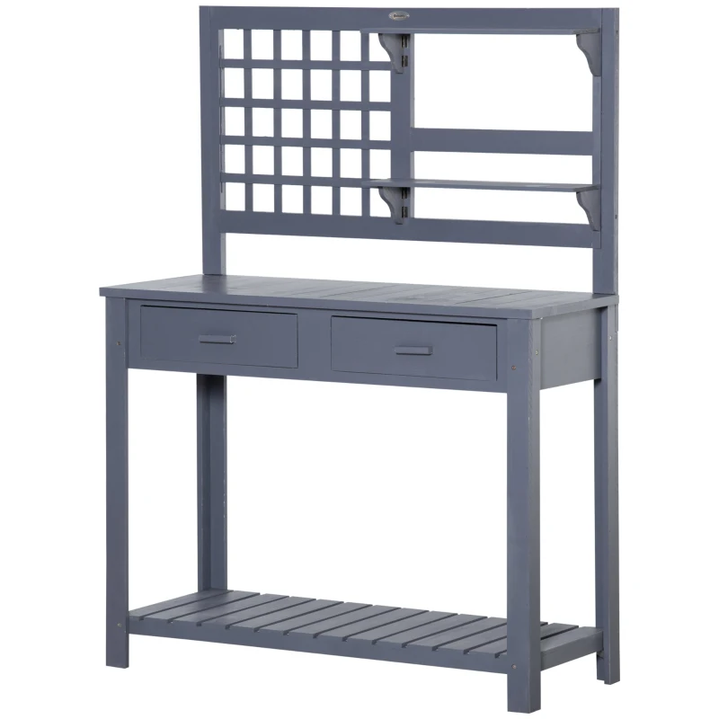 Outsunny Pflanztisch Gärtnertisch aus Holz mit 2 Schubladen Ablagen Gitterwand Holzpflanztisch für Garten Terrasse Grau 105 x 42 x 141,5 cm