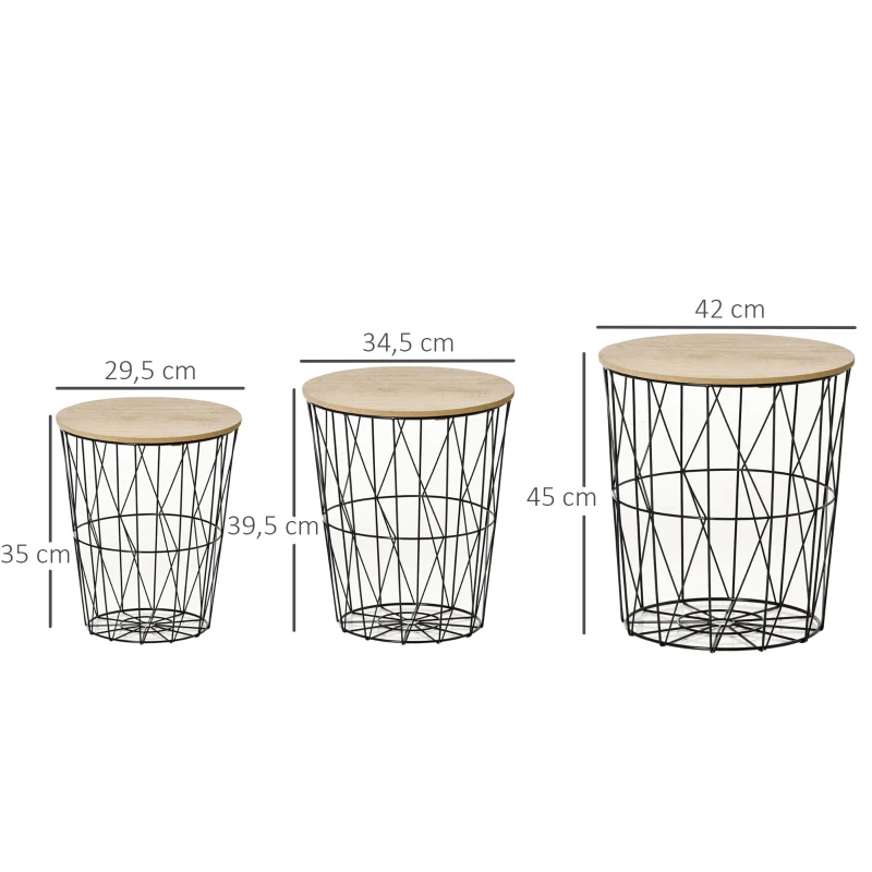 HOMCOM Couchtisch Beistelltisch 3-teilig Nachttisch Korbtisch mit abnehmbaren Deckel mit durchbrochenes modernes Design Satztisch Wohnzimmer Schlafzimmer Metall MDF Naturholz+Schwarz  Ø42 x 45H cm
