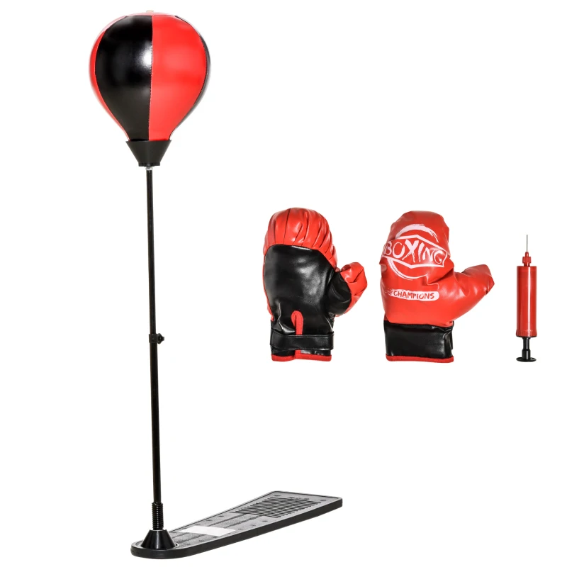 HOMCOM Boxset Boxstand für Kinder Punchingball Set höhenverstellbar 87,5-129,5 cm Standboxsack mit Boxhandschuhe Pumpe für Kinder 5-8 Jahre Metall Kunstleder Schwarz+Rot