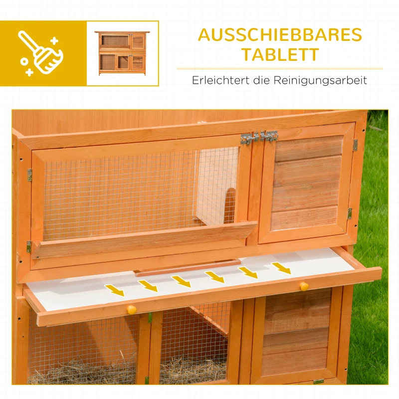 PawHut Kleintierstall Kleintierkäfig Kleintierhaus mit Asphaltdach Meerschweinchenstall Nagerkäfig Doppelstock Winterfest Tannenholz Gelb 120 x 48 x 100 cm
