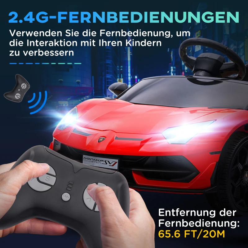 HOMCOM Elektrische kinderauto, officiële licentie van de Lamborghini Aventador, met vleugeldeuren, muziek, claxon, geschikt voor kinderen van 3-5 jaar, in de kleur rood(m-6)