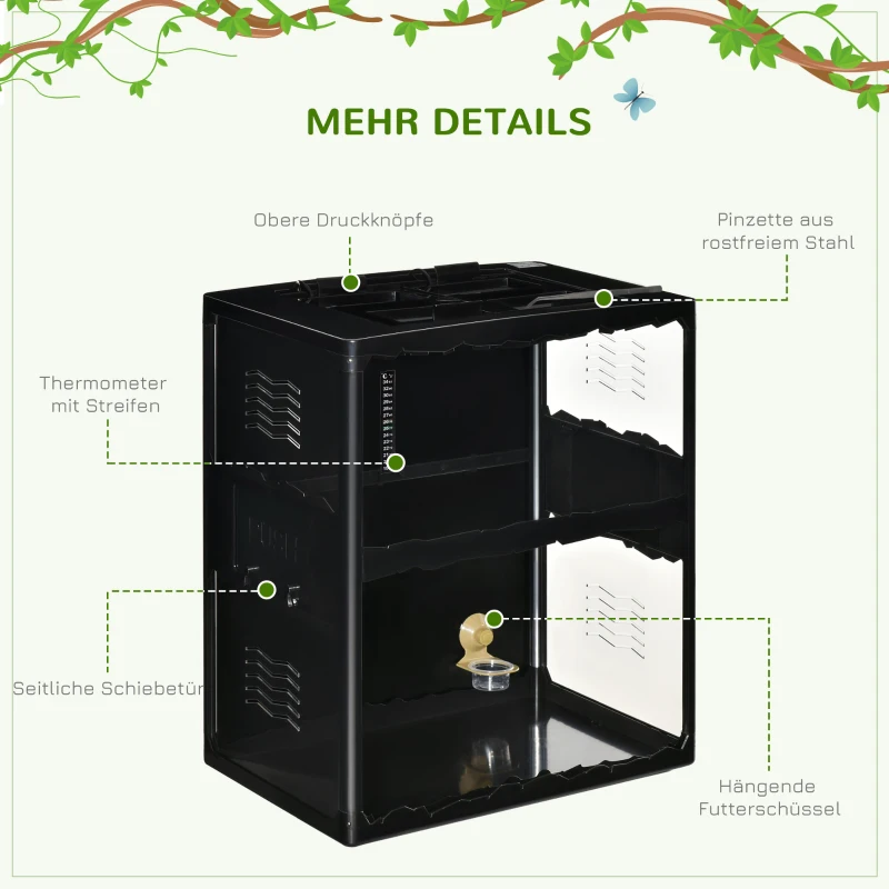 PawHut Terrarium für Reptilien, verriegelbar, Thermometer, 2 Lampenhalterungen, Wasserschale, Metall, Schwarz