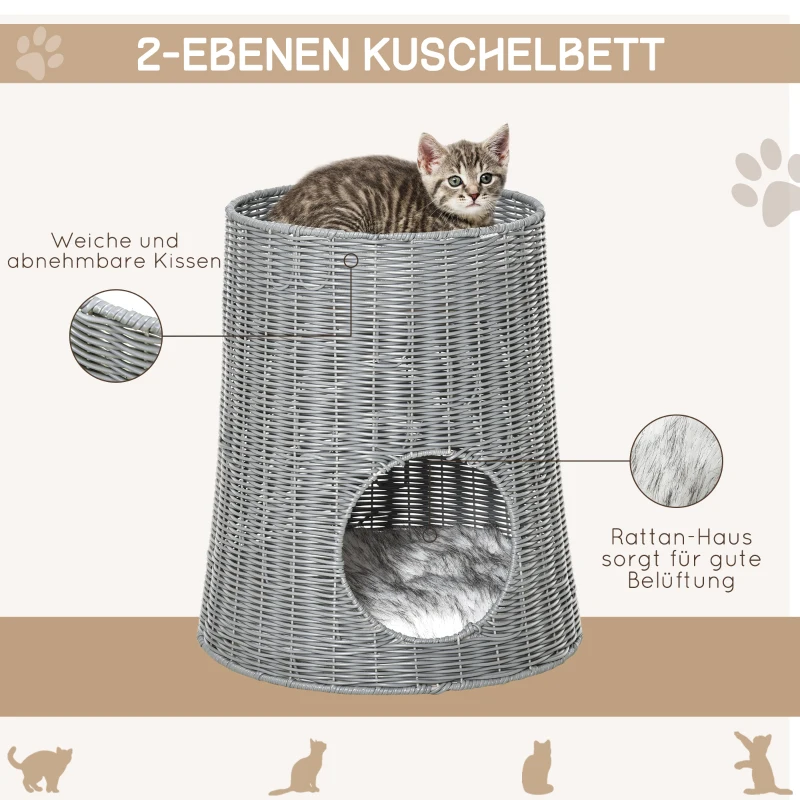 PawHut Katzenhöhle aus Rattan Katzenhaus Katzenbett Katzenkorb mit 2 Kissen Weidenkorb mit Liegedach zweistöckig geschlossenes Design handgewebt PE-Rattan Baumwolle Grau 45 x 45 x 50 cm