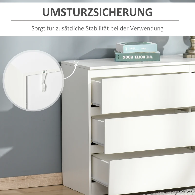 HOMCOM Kommode Schubladenschrank Beistellschrank mit 6 Schubladen Anti-Kipp Spanplatte Weiß 138 x 40 x 77 cm