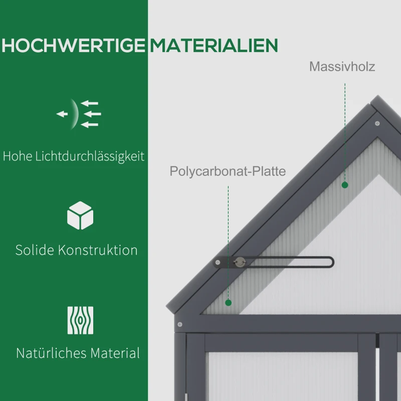 Outsunny kas met 3 planken, massief hout, behuizing van polycarbonaat, grijs, 70,5 x 42 x 132 cm(m-4)