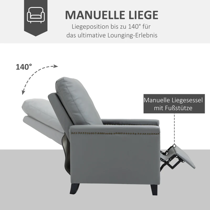 HOMCOM Relaxsessel Liegesessel TV Sessel  Einzelsofa 140° neigbar Fernsehsessel Kunstleder Metall Grau 70,5 x 86 x 99 cm