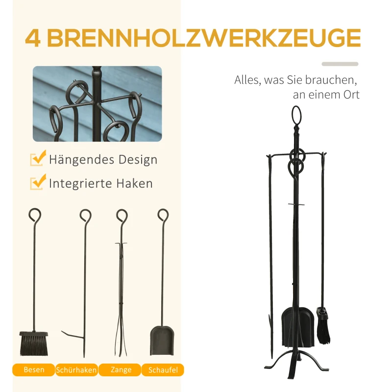 Outsunny 5-delige kachelset haardenset set haardgereedschap binnenhaardaccessoires haardkachelbestek smeedijzeren bestek gereedschap metaal zwart 20 x 20 x 82,5 cm