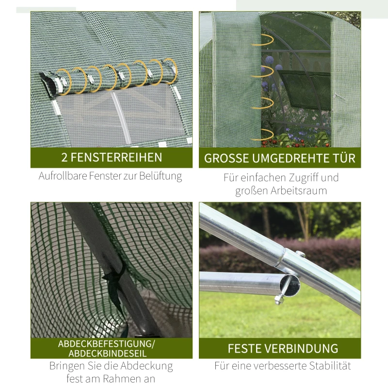 Outsunny Foliengewächshaus 4 x 3 x 2 m Tunnel Gewächshaus Treibhaus Pflanzenhaus Folienzelt 2 Fenster Gitterfolie Regale Wetterbeständig Grün