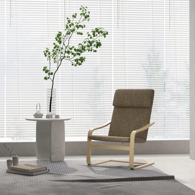 HOMCOM Fauteuil in linnenlook met hoofdsteun en armleuningen, houten frame, bruin+ naturel