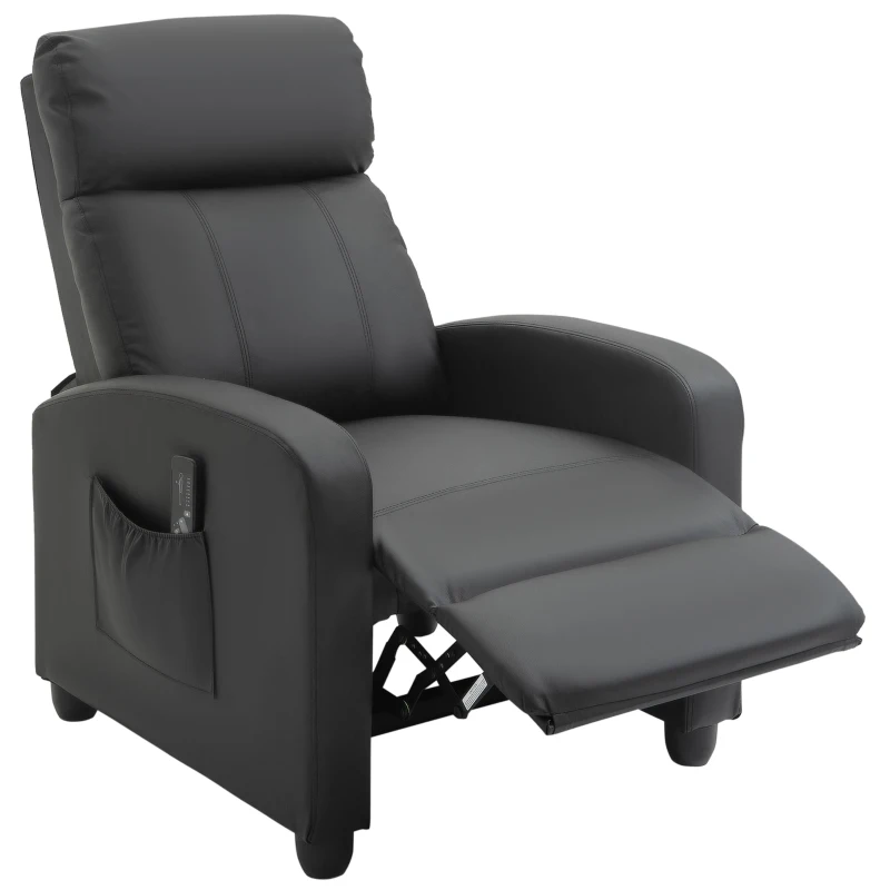 HOMCOM Recliner Armchair, Massage Faux Leather Push Back Reclining Chair with Adjustable Leg Rest, Side Pocket, for Home Living Room Theatre, Black