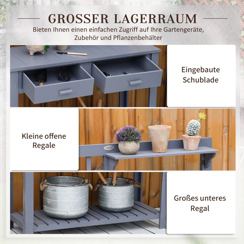 Outsunny Pflanztisch Gärtnertisch aus Holz mit 2 Schubladen Ablagen Gitterwand Holzpflanztisch für Garten Terrasse Grau 105 x 42 x 141,5 cm