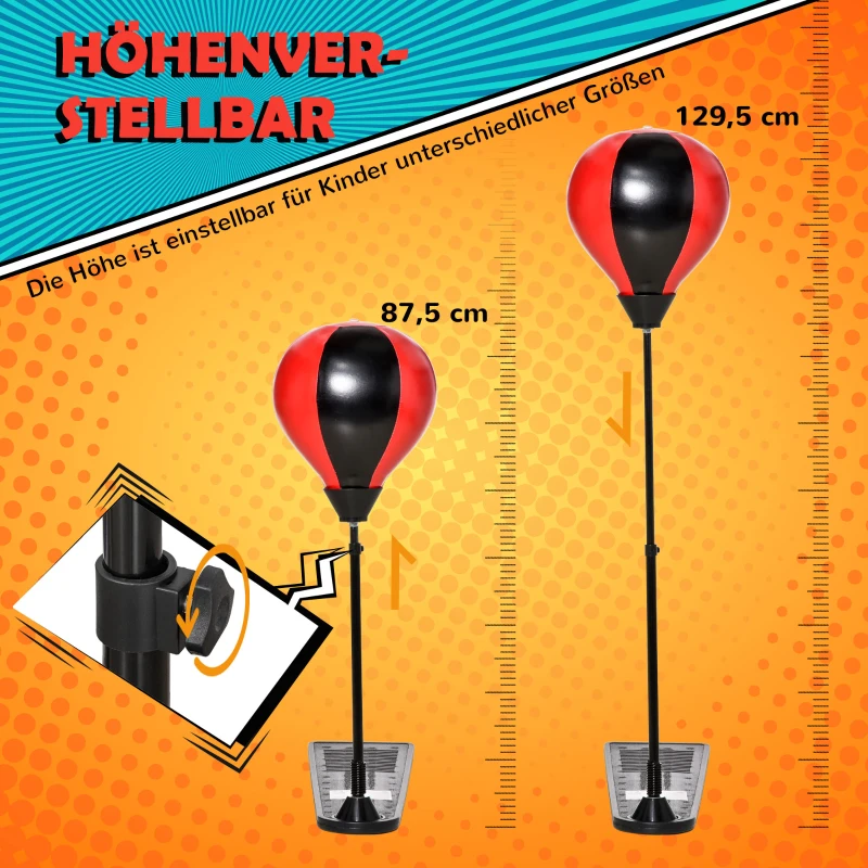 HOMCOM Boxset Boxstand für Kinder Punchingball Set höhenverstellbar 87,5-129,5 cm Standboxsack mit Boxhandschuhe Pumpe für Kinder 5-8 Jahre Metall Kunstleder Schwarz+Rot