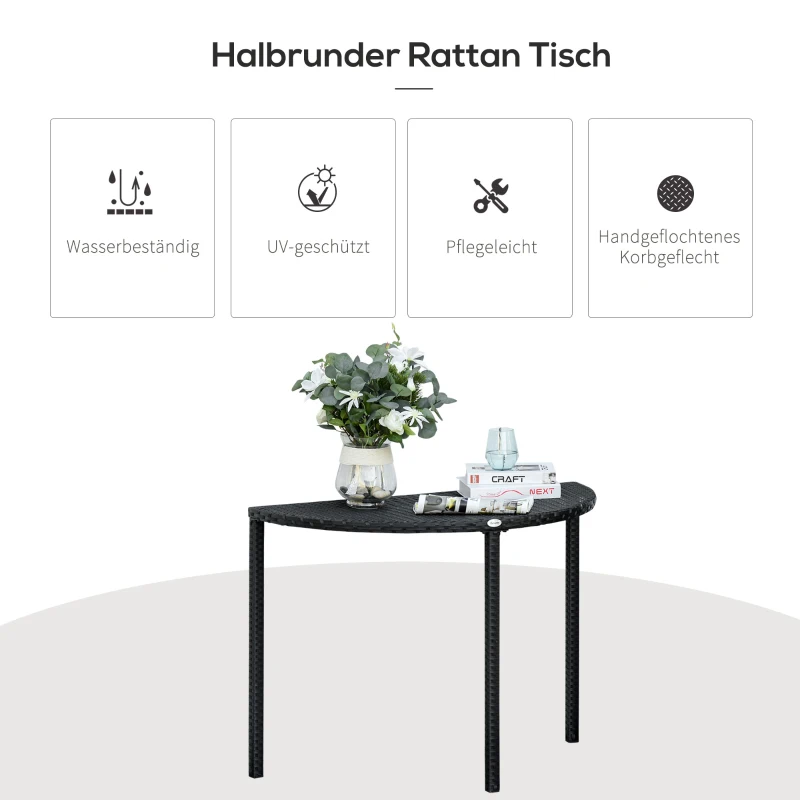 Outsunny® balkontafel tuintafel tuintafel halfrond poly-rotan + metaal zwart 100 x 50 x 74 cm | Aosom.de