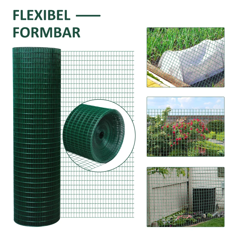 PawHut Siatka Ogrodzeniowa Ochronna PCV Cynkowana do Woliery, Ogrodzenia Ciemnozielona W0,9xL30 m