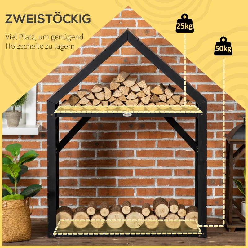 Outsunny Brennholzregal mit zwei Regalen, wetterfest lackiert, stabile Querstreben, 92 x 35,5 x 121,5 cm, Schwarz