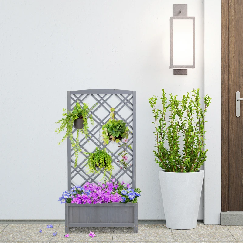 Outsunny  Hochbeet Blumenständer Garten Pflanzkasten mit Rankgitter Holz Rankkasten Grau 60 x 30 x 122,5 cm