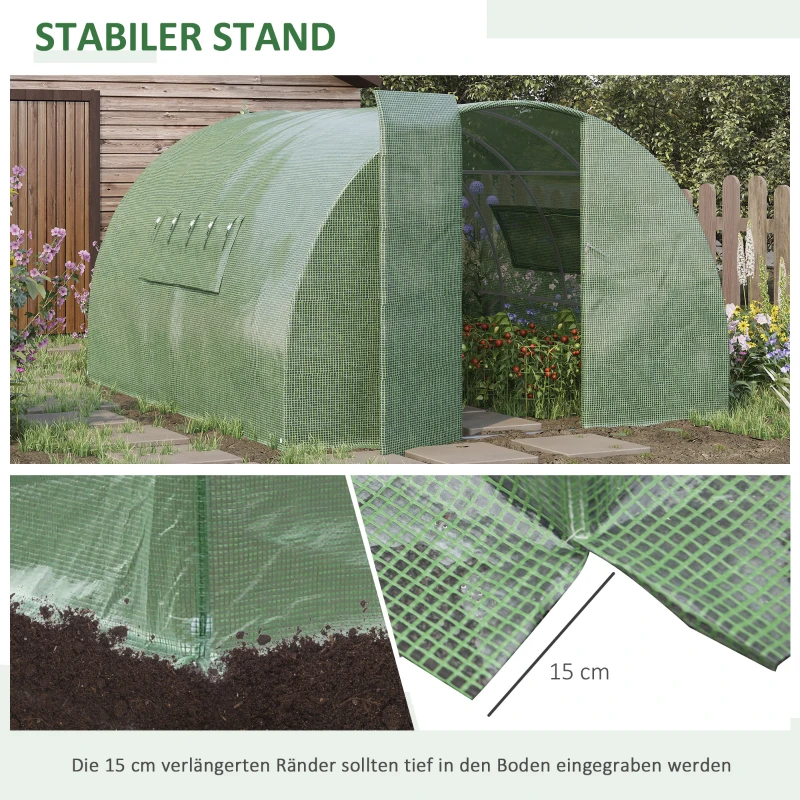 Outsunny Foliengewächshaus 4 x 3 x 2 m Tunnel Gewächshaus Treibhaus Pflanzenhaus Folienzelt 2 Fenster Gitterfolie Regale Wetterbeständig Grün