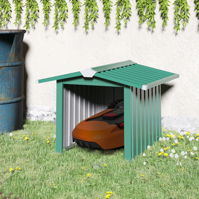 Outsunny Mähroboter Garage aus verzinkte Stahl Überdachung mit Satteldach, wetterfest Garage für Rasenmäher Unterstand Rasenroboter Carport, 88 x 87 x 60 cm Dunkelgrün