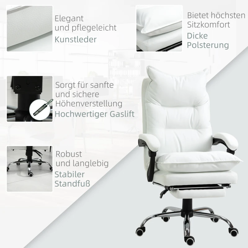 Vinsetto Bürostuhl mit Liegefunktion, ergonomisch höhenverstellbar  mit Fußstütze, gepolstert, bis 135 kg belastbar, 66 x 72 x 122-130 cm, Weiß