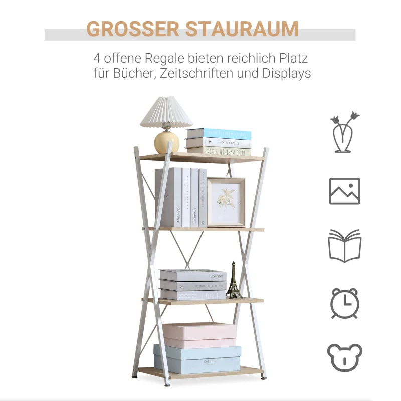 HOMCOM Bücherregal X-Form Standregal mit 4 Ebenen Aufbewahrungsregal für Wohnzimmer Schlafzimmer Küche Büro Spanplatte Metall Natur 54 x 35 x 110 cm