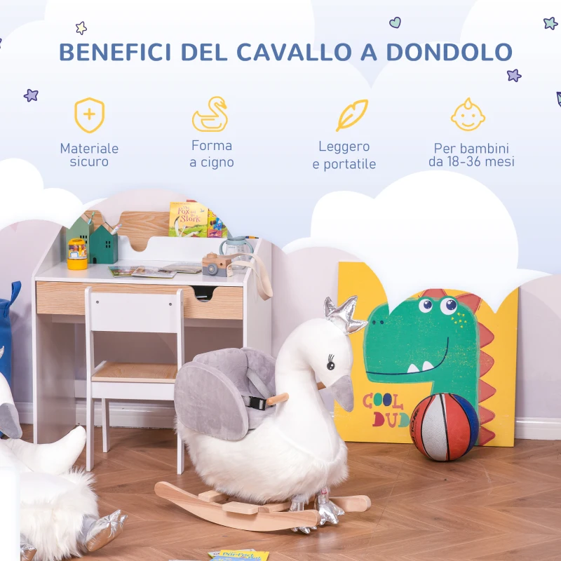 HOMCOM Cavallo a Dondolo per Bambini a Forma di Cigno, Dondolo Giocattolo Cavalcabile per Bambini 18-36 Mesi (Max 40kg), in Legno di Pioppo e Peluche, Bianco e Grigio