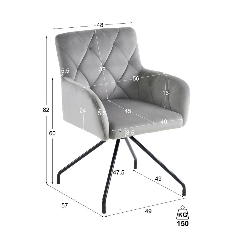 Set di 2 Sedie da Pranzo Imbottite in tessuto effetto velluto con Motivo a Diamante, Gambe in Metallo, 46x50x86 cm, GRIGIO CHIARO