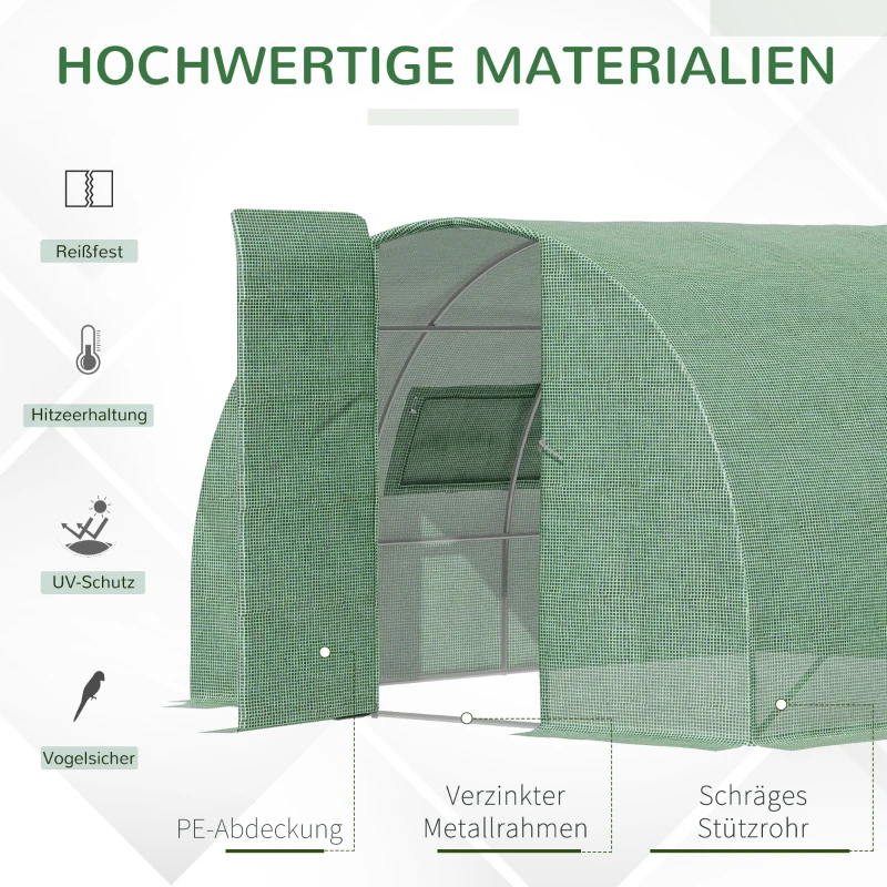 Outsunny Foliengewächshaus 4 x 3 x 2 m Tunnel Gewächshaus Treibhaus Pflanzenhaus Folienzelt 2 Fenster Gitterfolie Regale Wetterbeständig Grün
