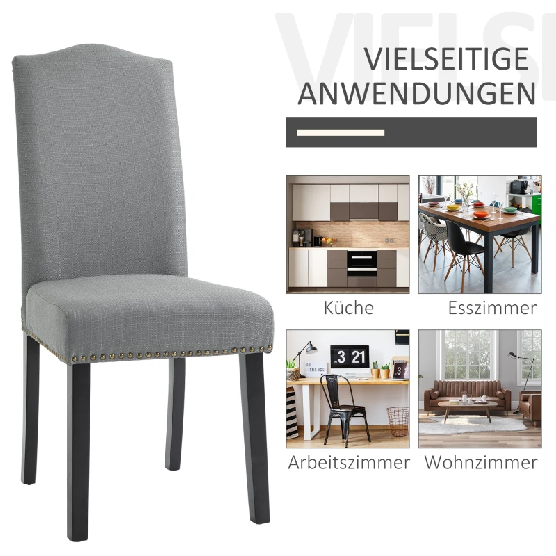 HOMCOM Esszimmerstühle 2er Set Küchenstuhl mit Rückenlehne, Sitzfläche aus Leinen, Schaumstoff, E1 MDF Kautschukholz, Grau, 47x63,5x103,5 cm