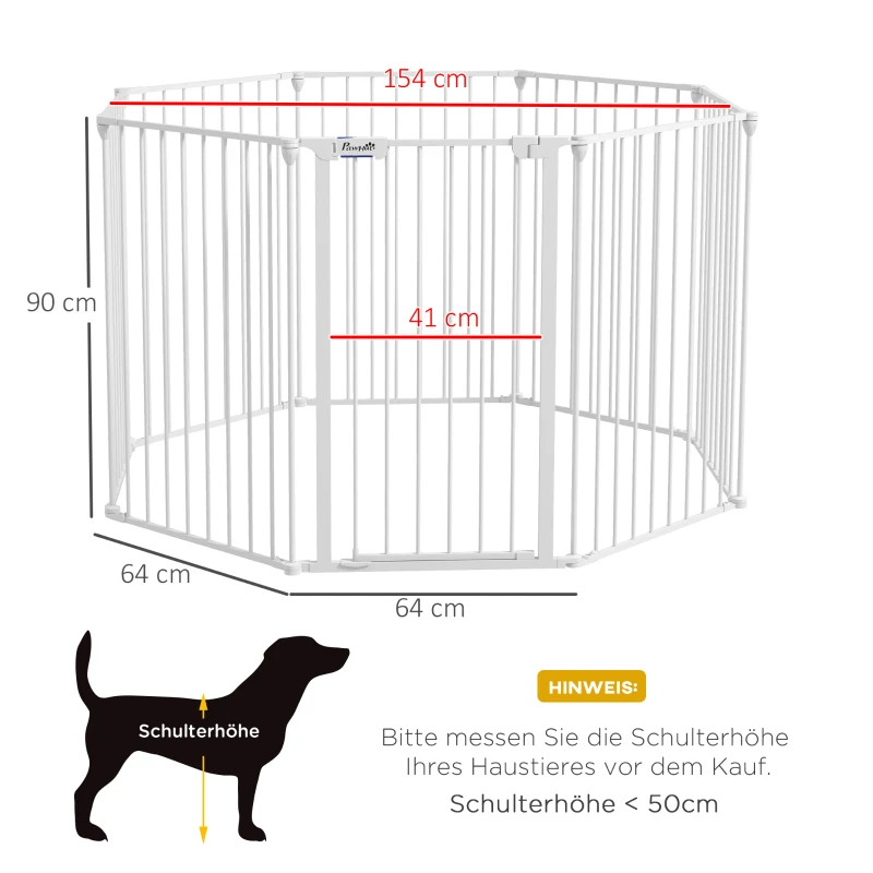 PawHut 2-in-1 Puppyren en Barrière, 8 Panelen, Vergrendelbare Deur, Staal, 90 cm Hoog, Wit(m-3)