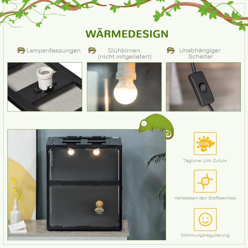 PawHut Terrarium für Reptilien, verriegelbar, Thermometer, 2 Lampenhalterungen, Wasserschale, Metall, Schwarz